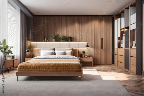 A spacious modern bedroom interior captured in a realistic photographic style