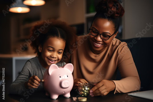 Black mother watching her daughter putting coins money into Piggy Bank at home.