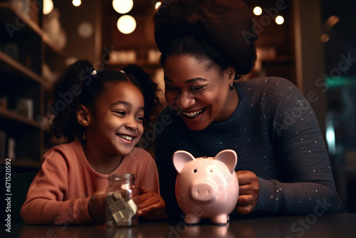 Happy excited Black mother and kid dropping cash into piggybank. Caring mom teaching kid to save, invest money, collecting coins in piggy bank. Family savings, financial education concept