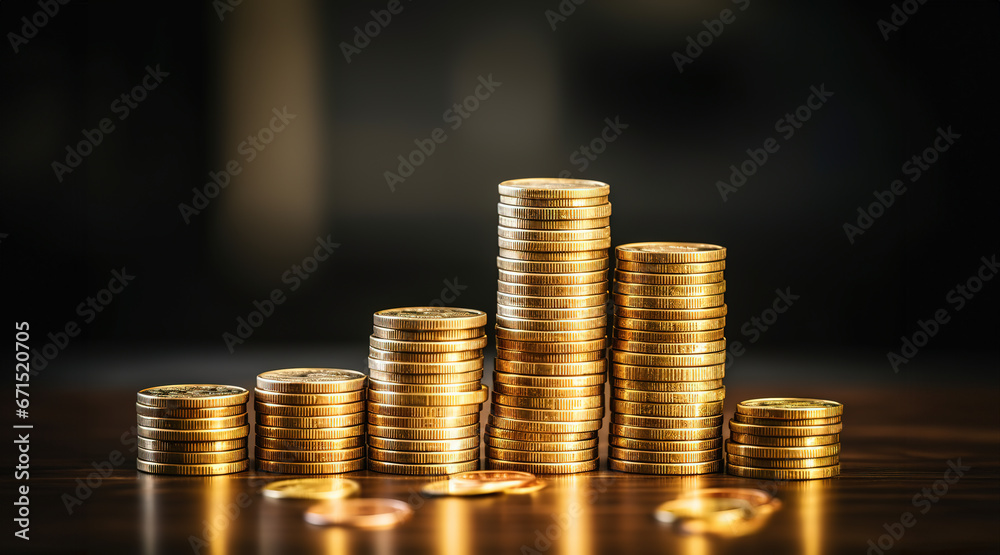 Stacks of gold money coins on desk. Money saving concept. Stacks of gold money coins on desk. Money saving concept.