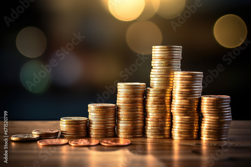 Close up of stacks of coins on desk. Background and business or finance saving money concept.