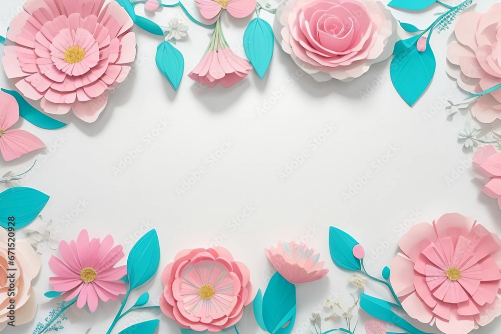 Flatlay of a romantic paper cut flowers in pastel pink,blue and white colors at the blue background,copy space. Flatlay of a romantic paper cut flowers in pastel pink,blue and white colors at the blue background,copy space.