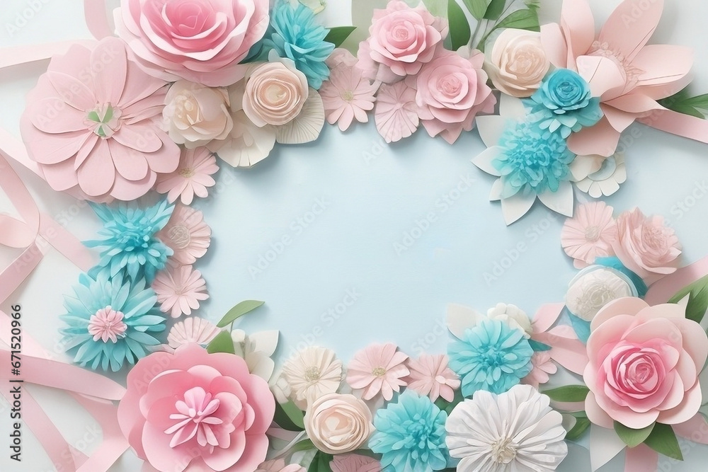 Flatlay of a paper cut flowers in pastel pink,blue and white colors at the blue background,copy space.