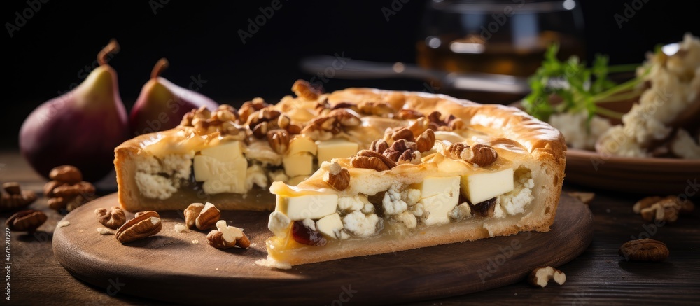 Selective focus on a homemade open pie with goat cheese pears nuts and grape jam from Alsace Selective focus on a homemade open pie with goat cheese pears nuts and grape jam from Alsace