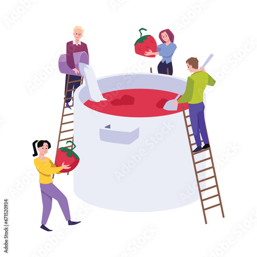 People cooking strawberry jam or confiture, flat vector illustration isolated.