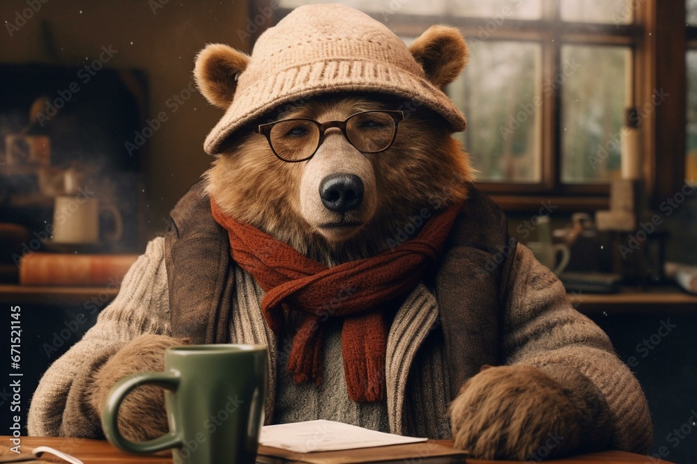 A bear wearing glasses, hat, scarf, and sweater, sitting on a table with another hat on its head. Generative AI