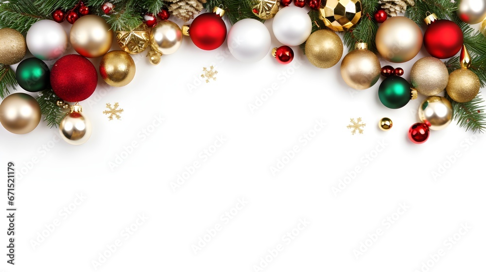 Wide arch shaped Christmas border isolated on white, composed of fresh fir branches and ornaments in red and silver Wide arch shaped Christmas border isolated on white, composed of fresh fir branches and ornaments in red and silver
