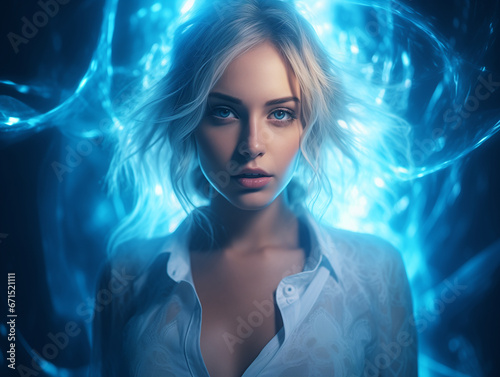 Beautiful woman portrait with blue lights visual effects