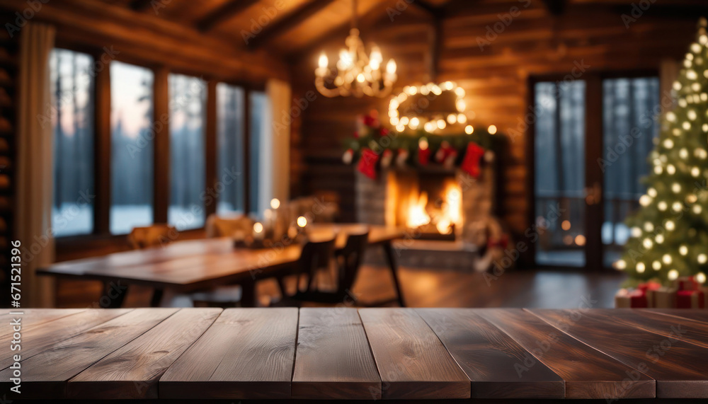 Empty wood table with beautiful christmas room in wood cottage with view of winter nature Empty wood table with beautiful christmas room in wood cottage with view of winter nature