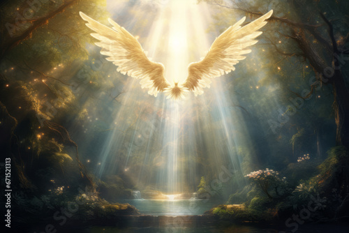 The concept of ``Garden of Eden'' that appears in the Old Testament ``Genesis''. Angel wings descend on "Paradise". The garden is filled with light filled with happiness, hope, and love.