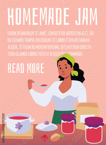 Woman cooking jam, tastes it, making homemade fruit or berry jam dessert, vector preparing food banner template