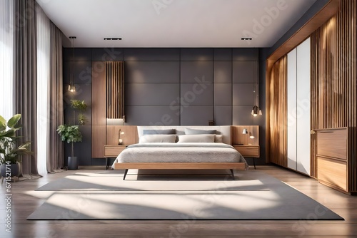 A spacious modern bedroom interior captured in a realistic photographic style