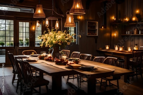 A cozy countryside farmhouse interior with a rustic wooden dining table set for a hearty family dinner