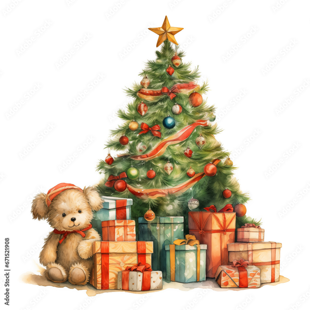 Christmas tree with gifts and a teddy bear. Watercolor illustration. White background. Stock illustration. Christmas tree with gifts and a teddy bear. Watercolor illustration. White background. Stock illustration.
