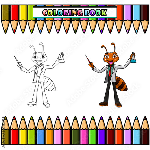 Ant scientist holding flask for coloring book