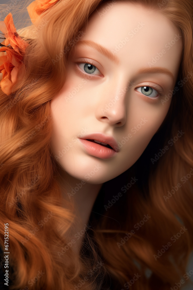 Natural beauty, Young redhead woman with long healthy shiny wavy hair, close up beauty portrait Natural beauty, Young redhead woman with long healthy shiny wavy hair, close up beauty portrait