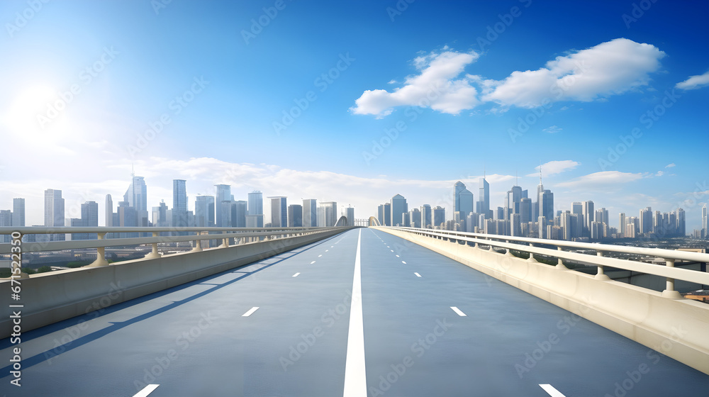road through the bridge with blue sky background of a city.