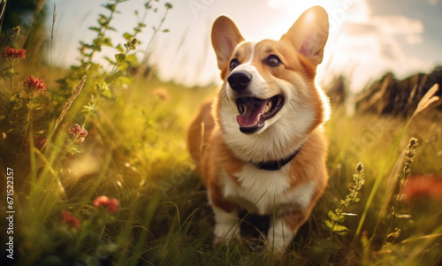 A happy puppy corgi standing in the grass, cute pet