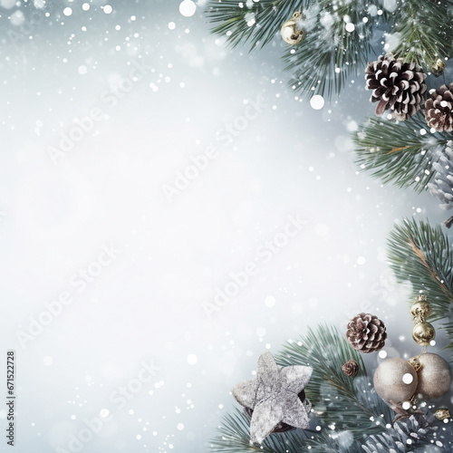 Christmas tree ornaments and pine branch on neutral background