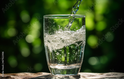 Drink water pouring in to glass mug from water plastic bottle on green background. Fresh water in glass tumbler in nature. Mineral water in highball tumbler with splash. Cup for liquid clean drinks