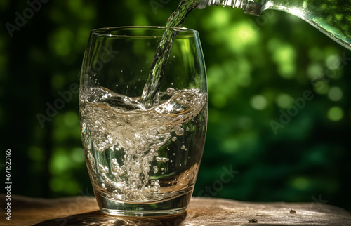 Drink water pouring in to glass mug from water plastic bottle on green background. Fresh water in glass tumbler in nature. Mineral water in highball tumbler with splash. Cup for liquid clean drinks