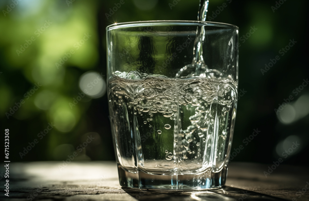 Drink water pouring in to glass mug from water plastic bottle on green background. Fresh water in glass tumbler in nature. Mineral water in highball tumbler with splash. Cup for liquid clean drinks Drink water pouring in to glass mug from water plastic bottle on green background. Fresh water in glass tumbler in nature. Mineral water in highball tumbler with splash. Cup for liquid clean drinks