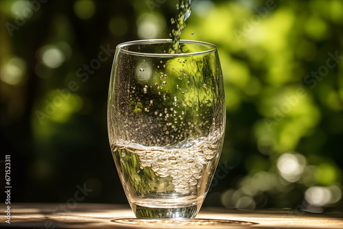 Drink water pouring in to glass mug from water plastic bottle on green background. Fresh water in glass tumbler in nature. Mineral water in highball tumbler with splash. Cup for liquid clean drinks