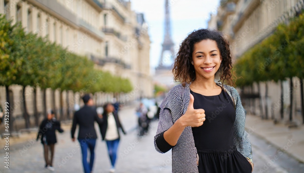 Beautiful woman shows thumbs up during time for romantic French walk in Paris, carefree female tourist with french street with people on background. vacation concept