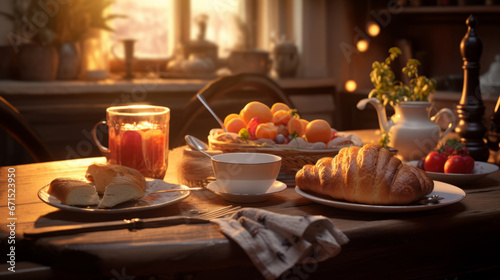 breakfast on the kitchen table lit by early morning sunrise