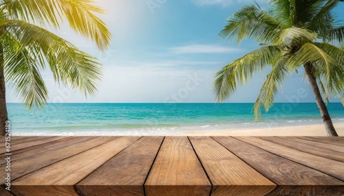 Empty wooden table top with blurred sea and coconut tree background. Ready for your product display montage. Beach in summer
