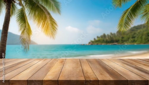 Empty wooden table top with blurred sea and coconut tree background. Ready for your product display montage. Beach in summer © Marko