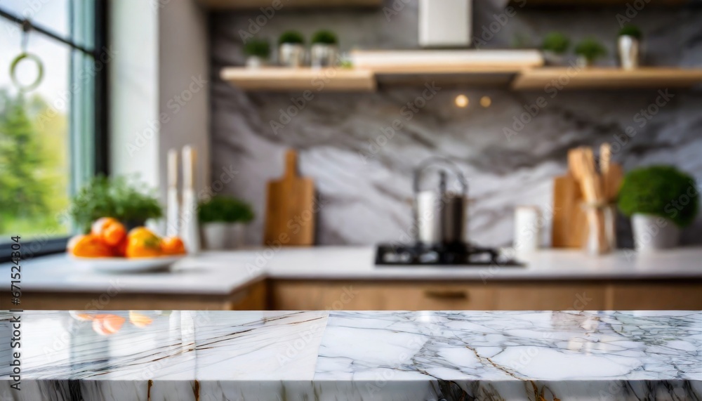 Marble stone table top on blur kitchen interior background. Kitchen island. For display or montage you products Marble stone table top on blur kitchen interior background. Kitchen island. For display or montage you products