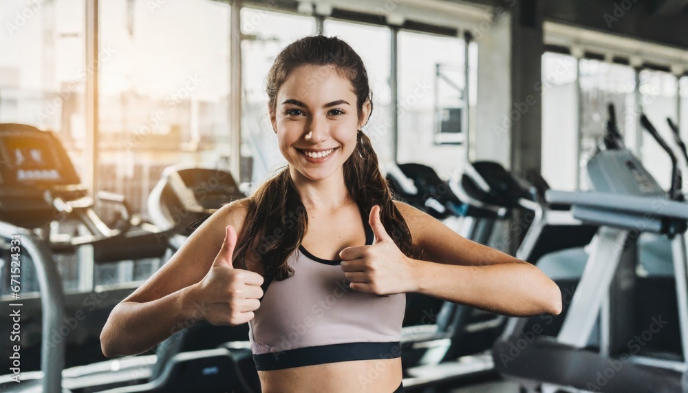 Smiling Woman, fitness and thumbs up to health, workout and training to live an active, wellness and healthy lifestyle with gym. Personal trainer Smiling Woman, fitness and thumbs up to health, workout and training to live an active, wellness and healthy lifestyle with gym. Personal trainer