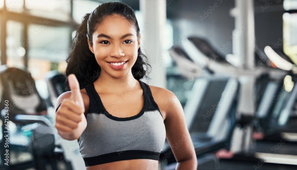 Fototapeta premium Smiling Woman, fitness and thumbs up to health, workout and training to live an active, wellness and healthy lifestyle with gym. Personal trainer