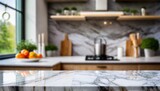 Marble stone table top on blur kitchen interior background. Kitchen island. For display or montage you products