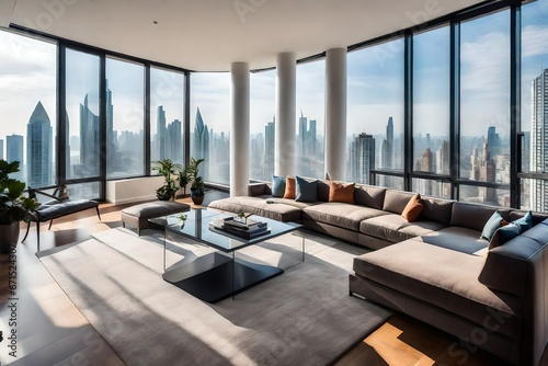 A contemporary living room in a high-rise apartment with floor-to-ceiling windows offering panoramic city views
