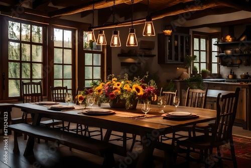 A cozy countryside farmhouse interior with a rustic wooden dining table set for a hearty family dinner