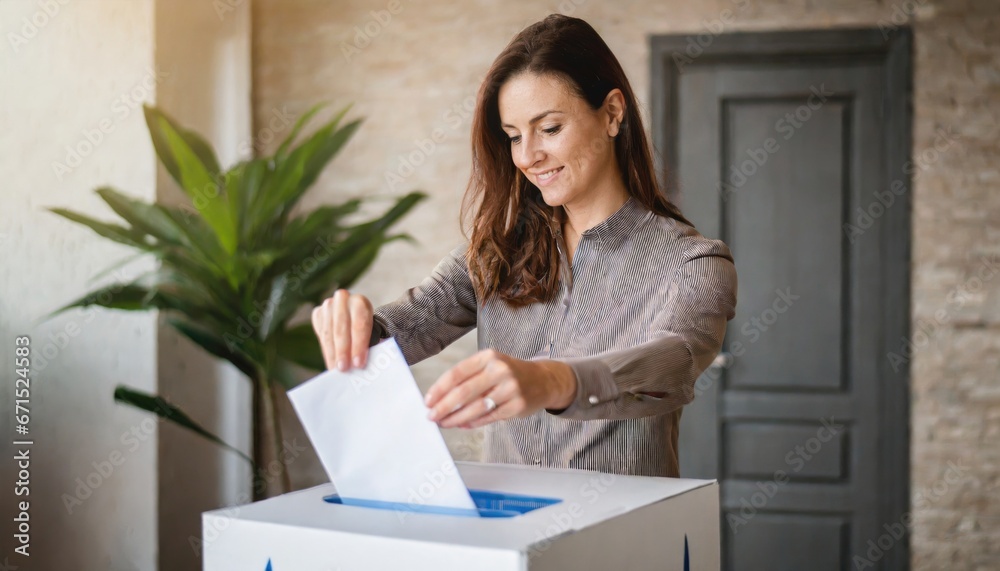 Woman Voter Putting Ballot Into Voting box. Democracy Freedom Concept. president election Woman Voter Putting Ballot Into Voting box. Democracy Freedom Concept. president election