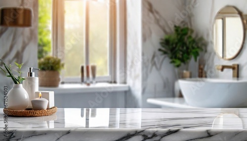 White bathroom interior. Empty marble table top for product display with blurred bathroom interior background