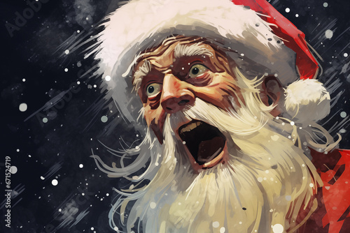 yelling scared santa portrait on dark night background with snow, vintage retro style painting traditional print 