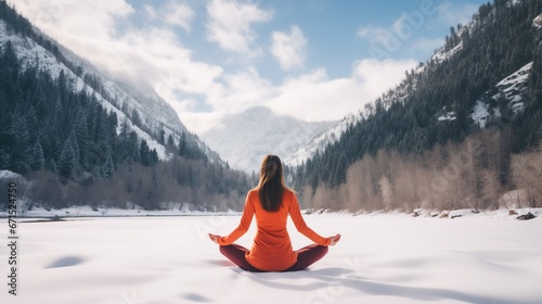 Winter yoga, a person meditating in snow-covered mountainscape