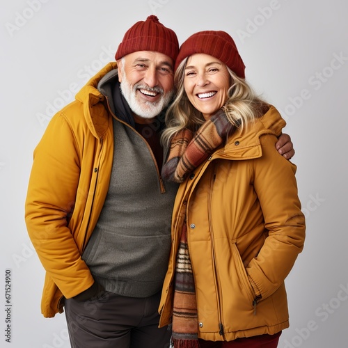 senior couple in winter clothes against flat white color background