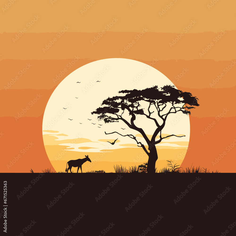 Afrikanischer Sonnenuntergang: Silhouette eines Baumes und einer Gazelle