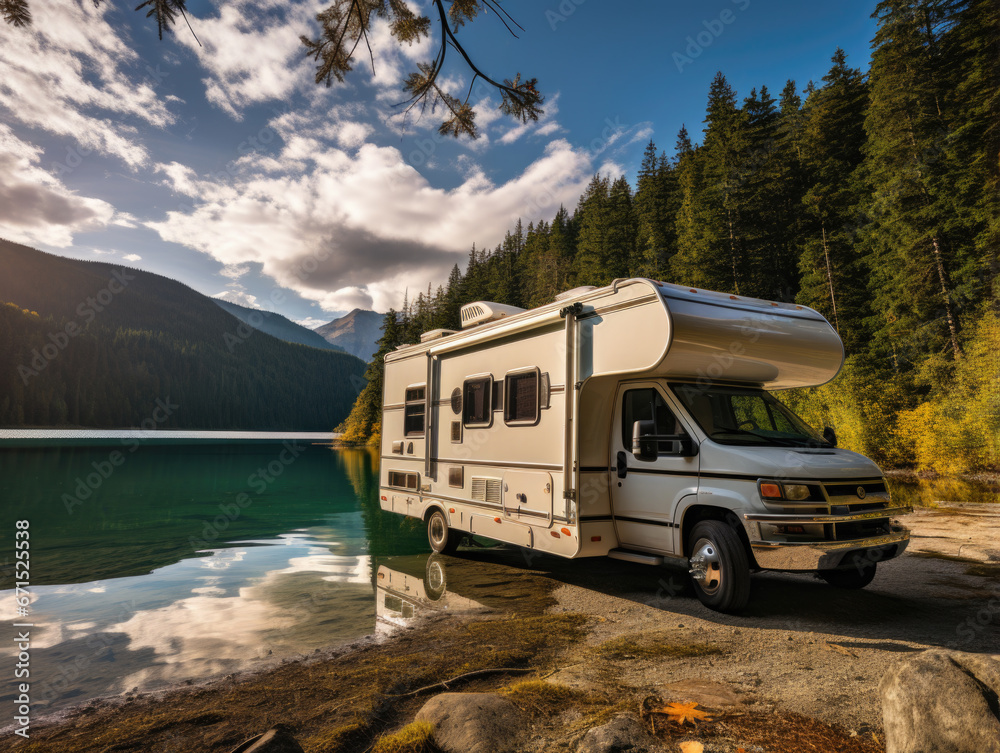 Generator hums, RV parked, lush greenery, white plume lake sky. Stock