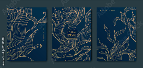 Vector art deco, luxury golden floral covers. Line japanese style leaves, nature texture patterns, cover, flyer templates. Elegant wavy vintage brochures