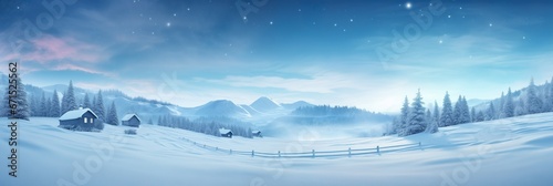 Panoramic winter wonderland. Peaceful snowy landscape with distant mountains and cabins