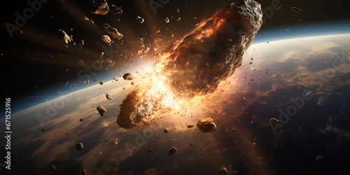 Abstract 3d rendering of a hot burning asteroid flying in outer space. Massive cosmic asteroid explosion in deep space. Fiery explosion in space. Beautiful Space background  generative AI