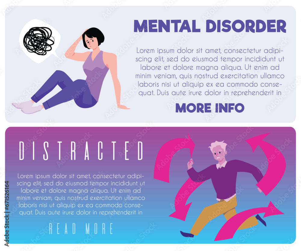 Mental disorder and distracted absent-mindedness behaviour banner set, flat vector illustration. Inattention, hyperactivity and impulsivity mental neurological problems.