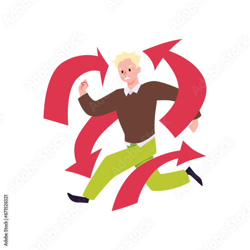 Man with ADHD hyperactivity symptoms, hurry running in panic, confusion, attention deficit vector character with arrows