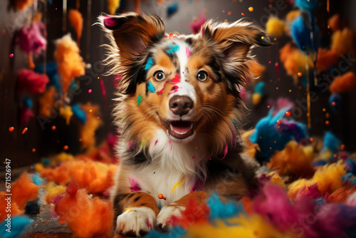 Puppy playing with painting color, border collie dog having fun, naughty pet has a mishap, awkward moment and chaos photo